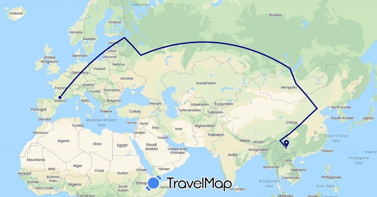 TravelMap itinerary: driving in China, France, Mongolia, Russia (Asia, Europe)